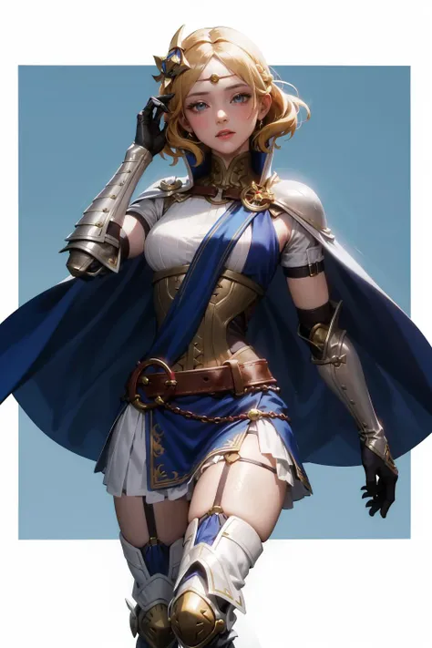 absurdres, best quality, 1girl, solo, <lora:lianna-nvwls-v2:0.8>, lianna, hair ornament, circlet, cape, armored dress, elbow gloves, blue skirt, thigh boots