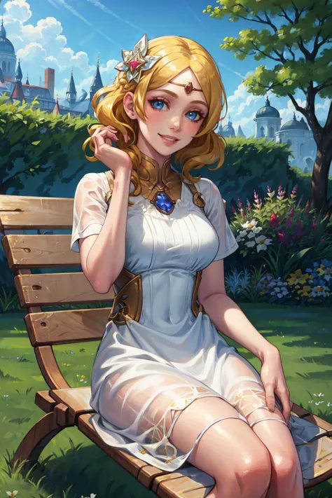 masterpiece, best quality, lianna, hair ornament, circlet, white sundress, garden, lawn chair, sitting, looking at viewer, smile, hands on lap <lora:lianna-nvwls-v2-000010:0.9>