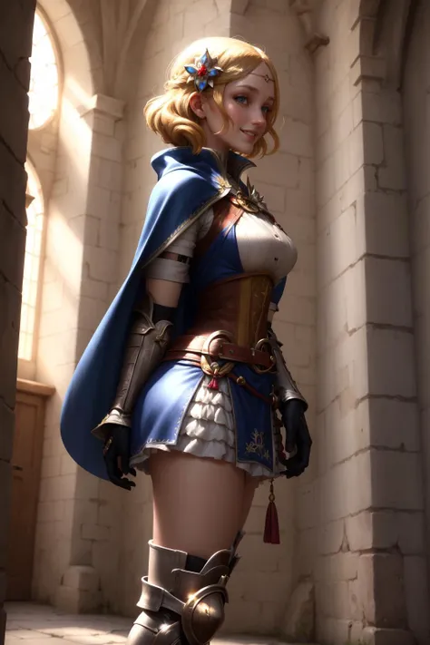 masterpiece, best quality, lianna, hair ornament, circlet, cape, armored dress, elbow gloves, blue skirt, thigh boots, whole body, standing, from side, looking at viewer, castle exterior, medieval architecture, smile <lora:lianna-nvwls-v2-000010:0.9>