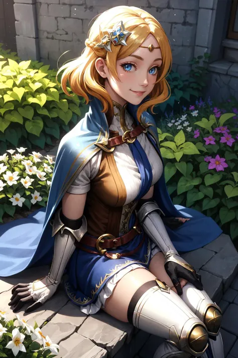 masterpiece, best quality, lianna, hair ornament, circlet, cape, armored dress, elbow gloves, blue skirt, thigh boots, sitting, from side, hands on own lap, from above, smile, looking at viewer, closed mouth, medieval architecture, castle, garden <lora:lianna-nvwls-v2-000010:0.9>