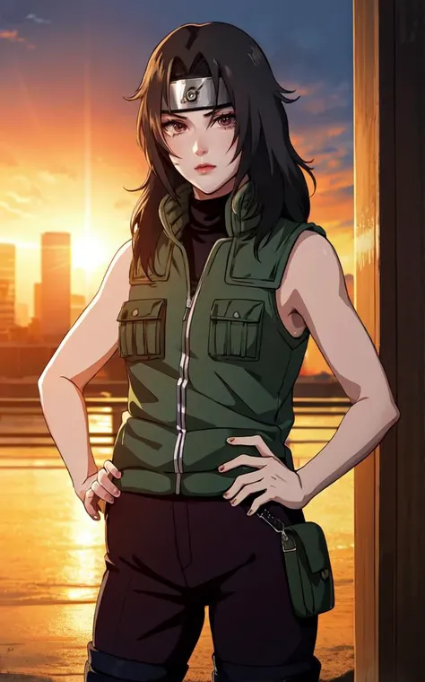 outdoors, lens flare, depth of field, bokeh, vanishing point, solo, looking at viewer,((masterpiece, best quality)), BREAK 
GreenJacket_KurenaiYuhi_ownwaifu,
1girl, black hair, forehead protector, long hair, konohagakure symbol, red eyes, headband, makeup, lipstick, 
ninja, sleeveless, vest, green vest, pants, sleeveless jacket, thigh pouch,
(contrapposto, hand on hip:0.8)<lora:NARUTO_Kunoichi_KurenaiYuhi_ownwaifu:0.85>,
 insaneres, absurdres,