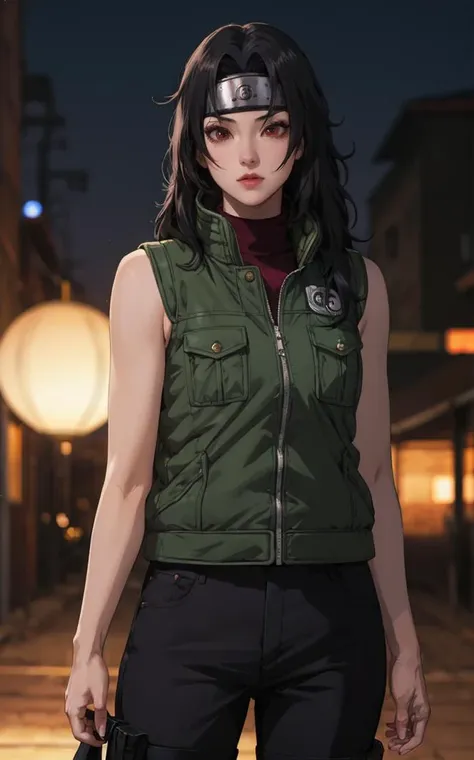 outdoors, lens flare, depth of field, bokeh, vanishing point, solo, looking at viewer,((masterpiece, best quality)), BREAK 
GreenJacket_KurenaiYuhi_ownwaifu,
1girl, black hair, forehead protector, long hair, konohagakure symbol, red eyes, headband, makeup, lipstick, 
ninja, sleeveless, vest, green vest, pants, sleeveless jacket, thigh pouch,
(contrapposto, looking back:0.8)<lora:NARUTO_Kunoichi_KurenaiYuhi_ownwaifu:0.75>,
 insaneres, absurdres,