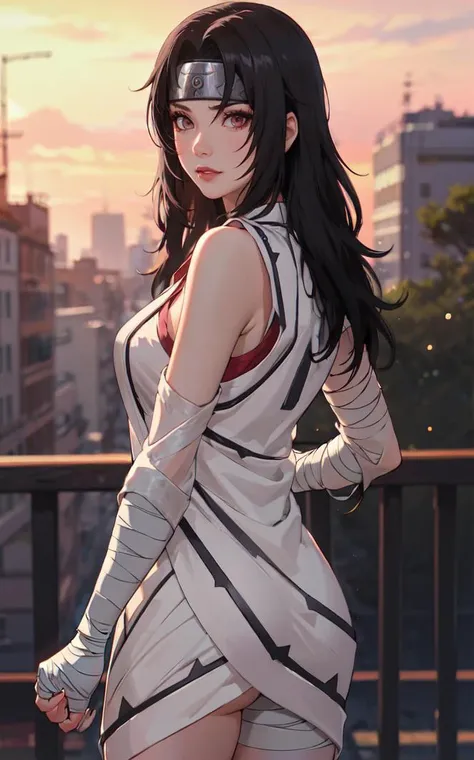 outdoors, lens flare, depth of field, bokeh, vanishing point, solo, looking at viewer,((masterpiece, best quality)), BREAK
NinjaWhiteDress_KurenaiYuhi_ownwaifu,
1girl, forehead protector, black hair, long hair, red eyes, makeup, lipstick, konohagakure symbol, red lips, large breasts,
bandaged arm, fishnet top, bandaged hand, sleeveless, bandaged leg, cleavage, long sleeves, asymmetrical sleeves, single sleeve, vest, collarbone,
(contrapposto, looking back)<lora:NARUTO_Kunoichi_KurenaiYuhi_ownwaifu:0.7>,
insaneres, absurdres,