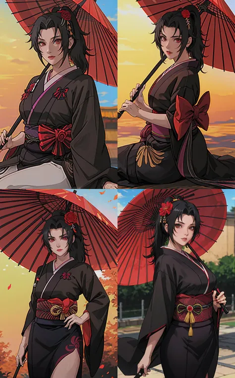outdoors, lens flare, depth of field, bokeh, vanishing point, solo, looking at viewer,((masterpiece, best quality)), BREAK
BlackKimono_KurenaiYuhi_ownwaifu,
1girl, black hair, long hair, makeup, ponytail, red eyes, red flower, lipstick, red lips,
black kimono, hair flower, hair ornament, holding umbrella, japanese clothes, obi, oil-paper umbrella, sash,
{(sitting, head tilt:0.8)<lora:NARUTO_Kunoichi_KurenaiYuhi_ownwaifu:1>|(from above, sitting:0.8)<lora:NARUTO_Kunoichi_KurenaiYuhi_ownwaifu:0.9>|(contrapposto, hand on hip:0.8)<lora:NARUTO_Kunoichi_KurenaiYuhi_ownwaifu:0.85>|(contrapposto, looking back:0.8)<lora:NARUTO_Kunoichi_KurenaiYuhi_ownwaifu:0.75>},
insaneres, absurdres,
