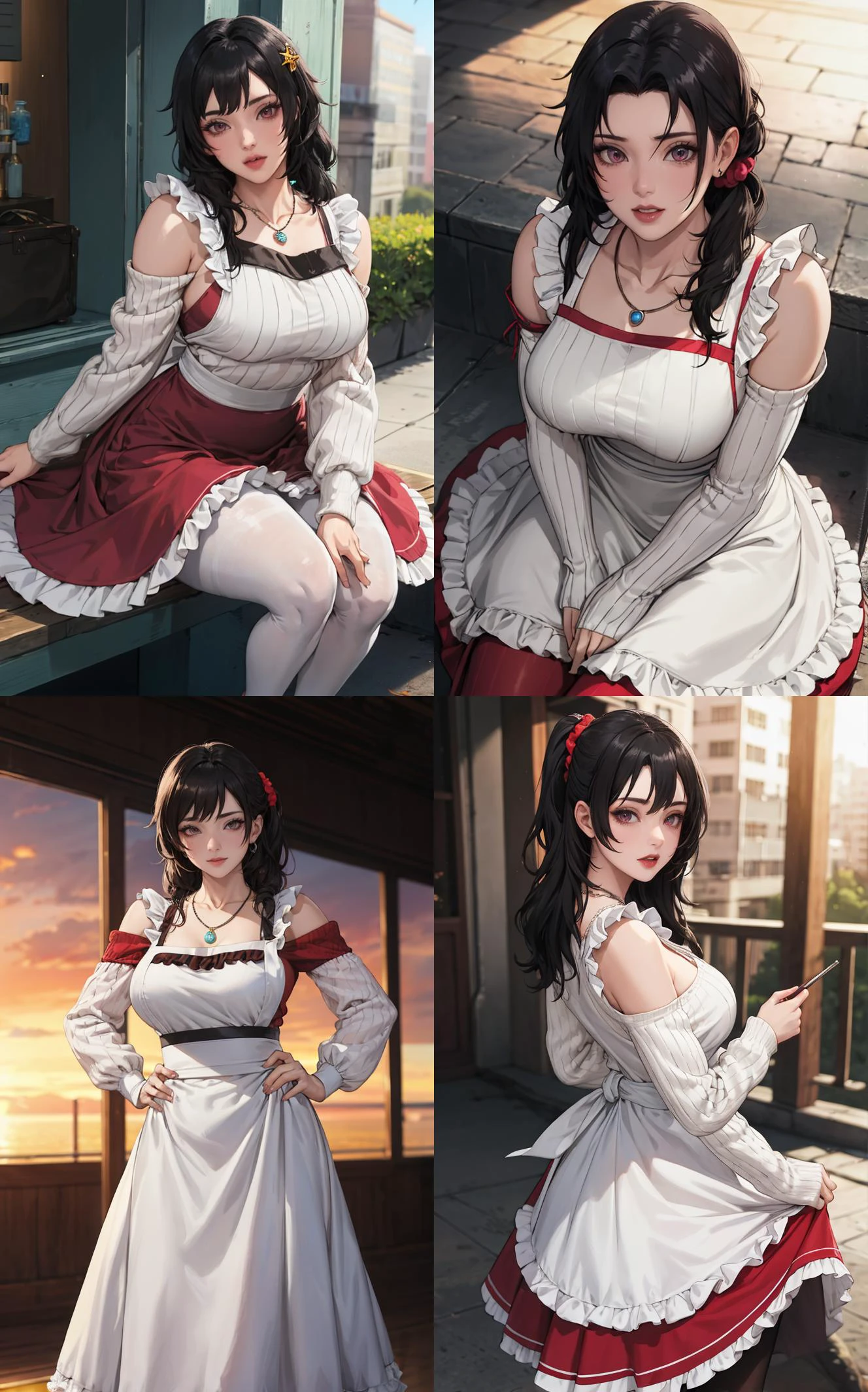 outdoors, lens flare, depth of field, bokeh, vanishing point, solo, looking at viewer,((masterpiece, best quality)), BREAK
WhiteApron_KurenaiYuhi_ownwaifu,
1girl, black hair, breasts, collarbone, hair over shoulder, long hair, necklace, red eyes, hair ornament, hair scrunchie, lipstick, scrunchie,
apron, long sleeves, dress, frills, jewelry, red skirt, white pantyhose, bare shoulders, detached sleeves, long skirt, ribbed sweater,
{(sitting, head tilt)<lora:NARUTO_Kunoichi_KurenaiYuhi_ownwaifu:1>|(sitting, from above)<lora:NARUTO_Kunoichi_KurenaiYuhi_ownwaifu:0.9>|(contrapposto, hand on hip)<lora:NARUTO_Kunoichi_KurenaiYuhi_ownwaifu:0.8>|(contrapposto, looking back)<lora:NARUTO_Kunoichi_KurenaiYuhi_ownwaifu:0.7>},
insaneres, absurdres,