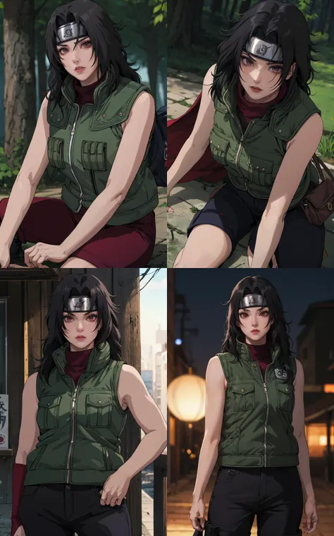 outdoors, lens flare, depth of field, bokeh, vanishing point, solo, looking at viewer,((masterpiece, best quality)), BREAK
GreenJacket_KurenaiYuhi_ownwaifu,
1girl, black hair, forehead protector, long hair, konohagakure symbol, red eyes, headband, makeup, lipstick,
ninja, sleeveless, vest, green vest, pants, sleeveless jacket, thigh pouch,
{(sitting, head tilt:0.8)<lora:NARUTO_Kunoichi_KurenaiYuhi_ownwaifu:1>|(from above, sitting:0.8)<lora:NARUTO_Kunoichi_KurenaiYuhi_ownwaifu:0.9>|(contrapposto, hand on hip:0.8)<lora:NARUTO_Kunoichi_KurenaiYuhi_ownwaifu:0.85>|(contrapposto, looking back:0.8)<lora:NARUTO_Kunoichi_KurenaiYuhi_ownwaifu:0.75>},
insaneres, absurdres,