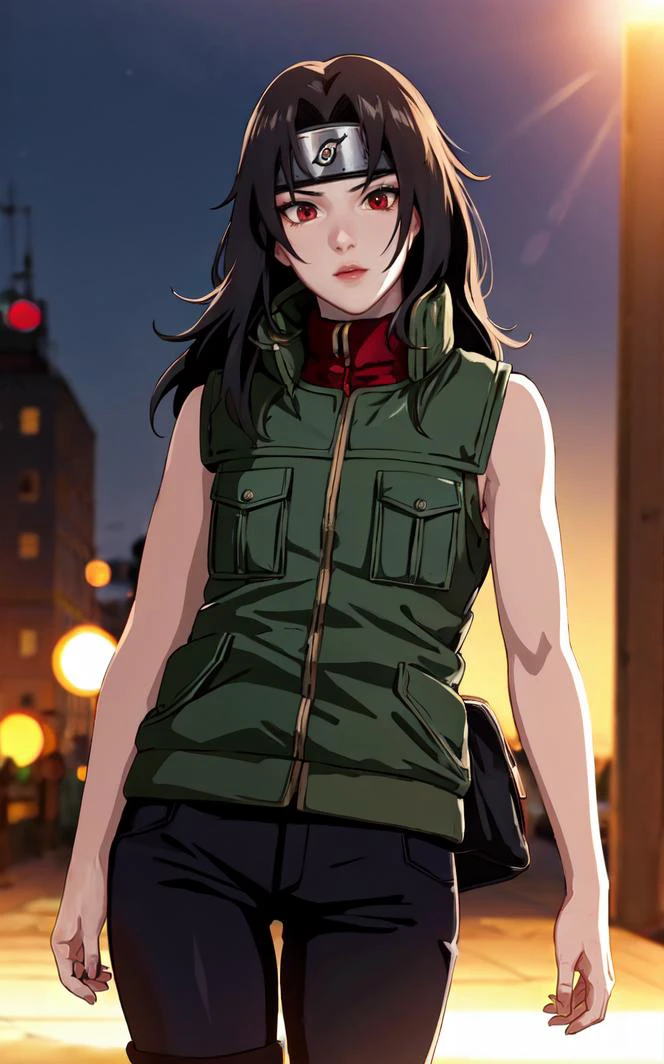outdoors, lens flare, depth of field, bokeh, vanishing point, solo, looking at viewer,((masterpiece, best quality)), BREAK
GreenJacket_KurenaiYuhi_ownwaifu,
1girl, black hair, forehead protector, long hair, konohagakure symbol, red eyes, headband, makeup, lipstick,
ninja, sleeveless, vest, green vest, pants, sleeveless jacket, thigh pouch,
(contrapposto, looking back:0.8)<lora:NARUTO_Kunoichi_KurenaiYuhi_ownwaifu:0.75>,
insaneres, absurdres,