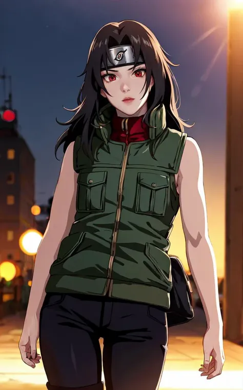 outdoors, lens flare, depth of field, bokeh, vanishing point, solo, looking at viewer,((masterpiece, best quality)), BREAK 
GreenJacket_KurenaiYuhi_ownwaifu,
1girl, black hair, forehead protector, long hair, konohagakure symbol, red eyes, headband, makeup, lipstick, 
ninja, sleeveless, vest, green vest, pants, sleeveless jacket, thigh pouch,
(contrapposto, looking back:0.8)<lora:NARUTO_Kunoichi_KurenaiYuhi_ownwaifu:0.75>,
 insaneres, absurdres,