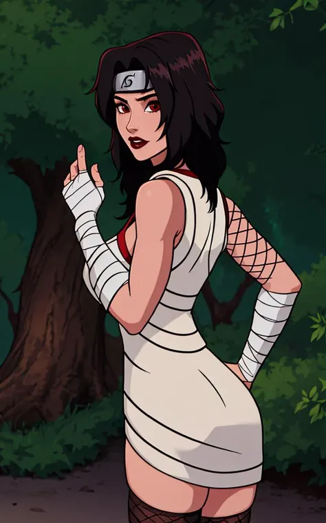 outdoors, lens flare, depth of field, bokeh, vanishing point, solo, looking at viewer,((masterpiece, best quality)), BREAK
NinjaWhiteDress_KurenaiYuhi_ownwaifu,
1girl, forehead protector, black hair, long hair, red eyes, makeup, lipstick, konohagakure symbol, red lips, large breasts,
bandaged arm, fishnet top, bandaged hand, sleeveless, bandaged leg, cleavage, long sleeves, asymmetrical sleeves, single sleeve, vest, collarbone,
(contrapposto, looking back)<lora:NARUTO_Kunoichi_KurenaiYuhi_ownwaifu:0.7>,
insaneres, absurdres,