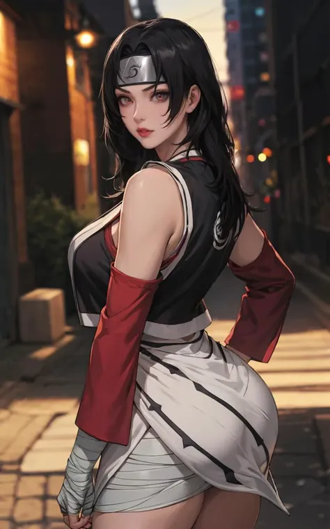 outdoors, lens flare, depth of field, bokeh, vanishing point, solo, looking at viewer,((masterpiece, best quality)), BREAK 
NinjaWhiteDress_KurenaiYuhi_ownwaifu, 
1girl, forehead protector, black hair, long hair, red eyes, makeup, lipstick, konohagakure symbol, red lips, large breasts,  
bandaged arm, fishnet top, bandaged hand, sleeveless, bandaged leg, cleavage, long sleeves, asymmetrical sleeves, single sleeve, vest,  collarbone, 
(contrapposto, looking back)<lora:NARUTO_Kunoichi_KurenaiYuhi_ownwaifu:0.7>, 
 insaneres, absurdres,