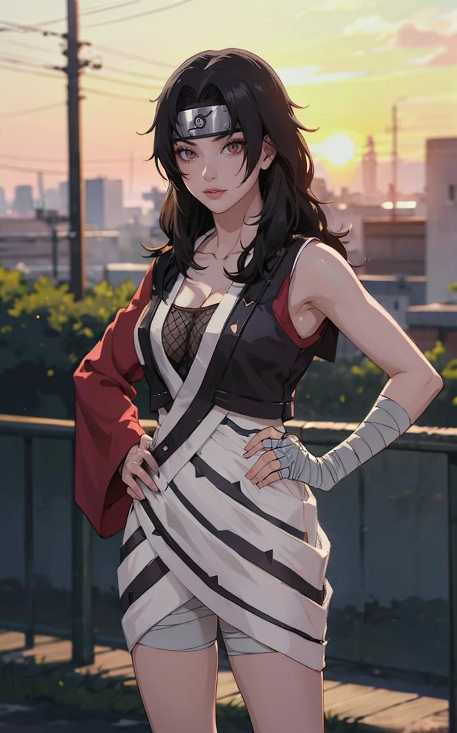 outdoors, lens flare, depth of field, bokeh, vanishing point, solo, looking at viewer,((masterpiece, best quality)), BREAK
NinjaWhiteDress_KurenaiYuhi_ownwaifu,
1girl, forehead protector, black hair, long hair, red eyes, makeup, lipstick, konohagakure symbol, red lips, large breasts,
bandaged arm, fishnet top, bandaged hand, sleeveless, bandaged leg, cleavage, long sleeves, asymmetrical sleeves, single sleeve, vest, collarbone,
(contrapposto, hand on hip)<lora:NARUTO_Kunoichi_KurenaiYuhi_ownwaifu:0.8>,
insaneres, absurdres,