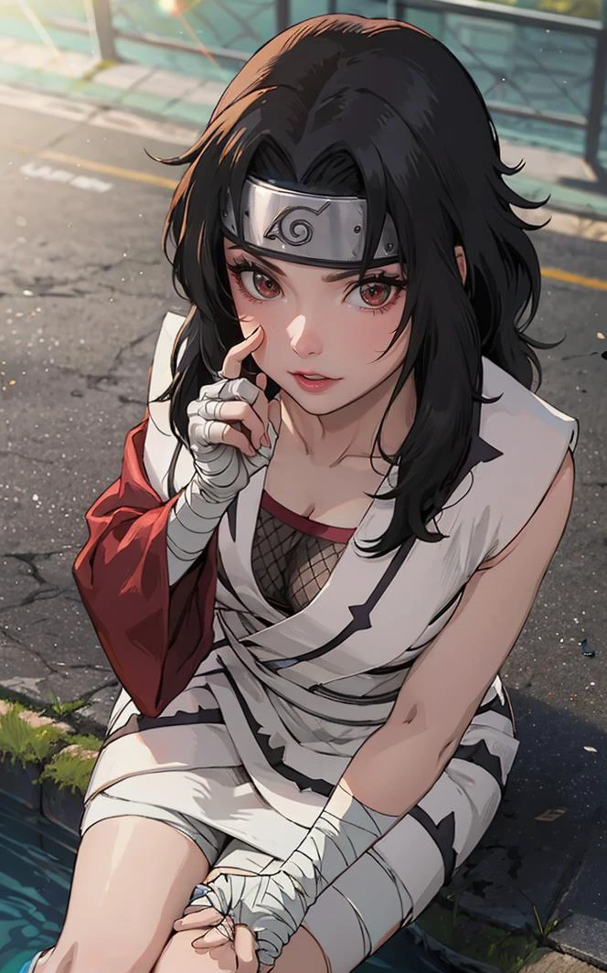 outdoors, lens flare, depth of field, bokeh, vanishing point, solo, looking at viewer,((masterpiece, best quality)), BREAK
NinjaWhiteDress_KurenaiYuhi_ownwaifu,
1girl, forehead protector, black hair, long hair, red eyes, makeup, lipstick, konohagakure symbol, red lips, large breasts,
white dress, asymmetrical sleeves, fishnet top, bandaged arm, bandaged hand, sleeveless, bandaged leg, cleavage, long sleeves, single sleeve, vest, collarbone,
(sitting, from above)<lora:NARUTO_Kunoichi_KurenaiYuhi_ownwaifu:0.9>,
insaneres, absurdres,