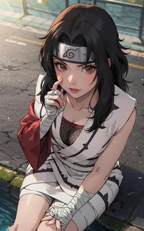 outdoors, lens flare, depth of field, bokeh, vanishing point, solo, looking at viewer,((masterpiece, best quality)), BREAK 
NinjaWhiteDress_KurenaiYuhi_ownwaifu,  
1girl, forehead protector, black hair, long hair, red eyes, makeup, lipstick, konohagakure symbol, red lips, large breasts,  
white dress,  asymmetrical sleeves, fishnet top, bandaged arm, bandaged hand, sleeveless, bandaged leg, cleavage, long sleeves, single sleeve, vest,  collarbone, 
(sitting, from above)<lora:NARUTO_Kunoichi_KurenaiYuhi_ownwaifu:0.9>, 
  insaneres, absurdres,