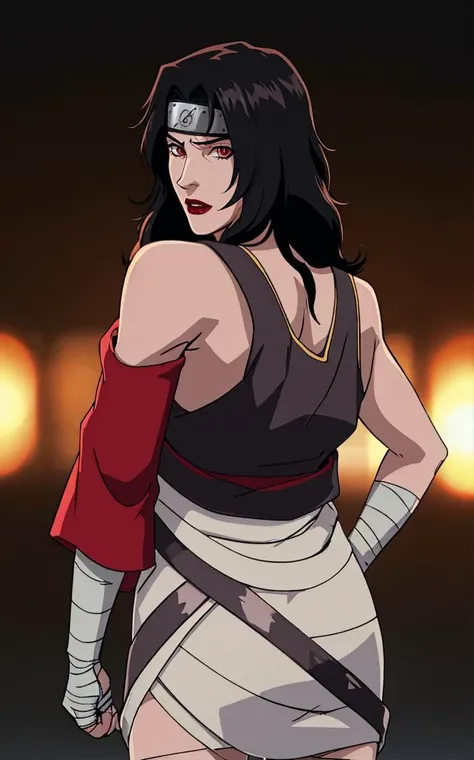 outdoors, lens flare, depth of field, bokeh, vanishing point, solo, looking at viewer,((masterpiece, best quality)), BREAK
NinjaWhiteDress_KurenaiYuhi_ownwaifu,
1girl, forehead protector, black hair, long hair, red eyes, makeup, lipstick, konohagakure symbol, red lips, large breasts,
bandaged arm, fishnet top, bandaged hand, sleeveless, bandaged leg, cleavage, long sleeves, asymmetrical sleeves, single sleeve, vest, collarbone,
(contrapposto, looking back)<lora:NARUTO_Kunoichi_KurenaiYuhi_ownwaifu:0.7>,
insaneres, absurdres,