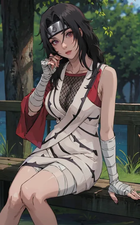 outdoors, lens flare, depth of field, bokeh, vanishing point, solo, looking at viewer,((masterpiece, best quality)), BREAK 
NinjaWhiteDress_KurenaiYuhi_ownwaifu,  
1girl, forehead protector, black hair, long hair, red eyes, makeup, lipstick, konohagakure symbol, red lips, large breasts,  
white dress,  asymmetrical sleeves, fishnet top, bandaged arm, bandaged hand, sleeveless, bandaged leg, cleavage, long sleeves, single sleeve, vest,  collarbone, 
(sitting, head tilt)<lora:NARUTO_Kunoichi_KurenaiYuhi_ownwaifu:1>, 
  insaneres, absurdres,