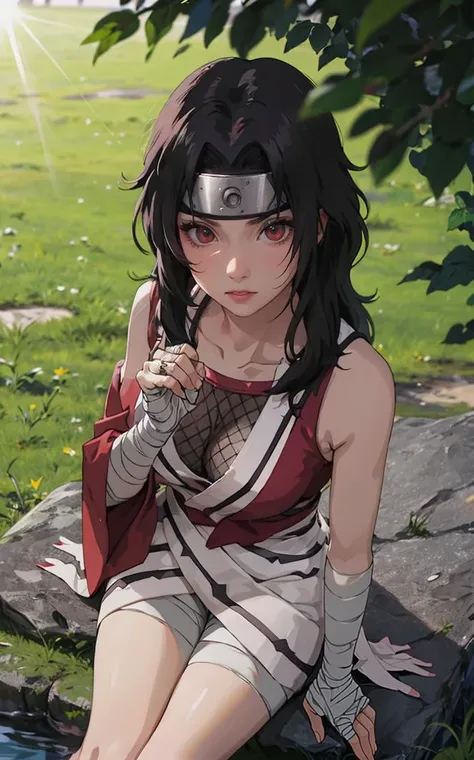 outdoors, lens flare, depth of field, bokeh, vanishing point, solo, looking at viewer,((masterpiece, best quality)), BREAK 
NinjaWhiteDress_KurenaiYuhi_ownwaifu,  
1girl, forehead protector, black hair, long hair, red eyes, makeup, lipstick, konohagakure symbol, red lips, large breasts,  
bandaged arm, fishnet top, bandaged hand, sleeveless, bandaged leg, cleavage, long sleeves, asymmetrical sleeves, single sleeve, vest,  collarbone, 
(sitting, from above)<lora:NARUTO_Kunoichi_KurenaiYuhi_ownwaifu:0.9>, 
  insaneres, absurdres,