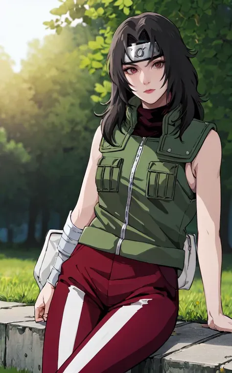 outdoors, lens flare, depth of field, bokeh, vanishing point, solo, looking at viewer,((masterpiece, best quality)), BREAK 
GreenJacket_KurenaiYuhi_ownwaifu,
1girl, black hair, forehead protector, long hair, konohagakure symbol, red eyes, headband, makeup, lipstick, 
ninja, sleeveless, vest, green vest, pants, sleeveless jacket, thigh pouch,
(sitting, head tilt:0.8)<lora:NARUTO_Kunoichi_KurenaiYuhi_ownwaifu:1>,
 insaneres, absurdres,