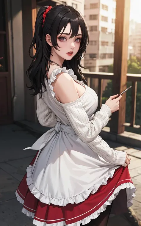 outdoors, lens flare, depth of field, bokeh, vanishing point, solo, looking at viewer,((masterpiece, best quality)), BREAK 
WhiteApron_KurenaiYuhi_ownwaifu, 
1girl, black hair, breasts, collarbone, hair over shoulder, long hair, necklace, red eyes, hair ornament, hair scrunchie, lipstick, scrunchie, 
apron, long sleeves, dress, frills, jewelry, red skirt, white pantyhose, bare shoulders, detached sleeves, long skirt, ribbed sweater, 
(contrapposto, looking back)<lora:NARUTO_Kunoichi_KurenaiYuhi_ownwaifu:0.7>, 
 insaneres, absurdres,