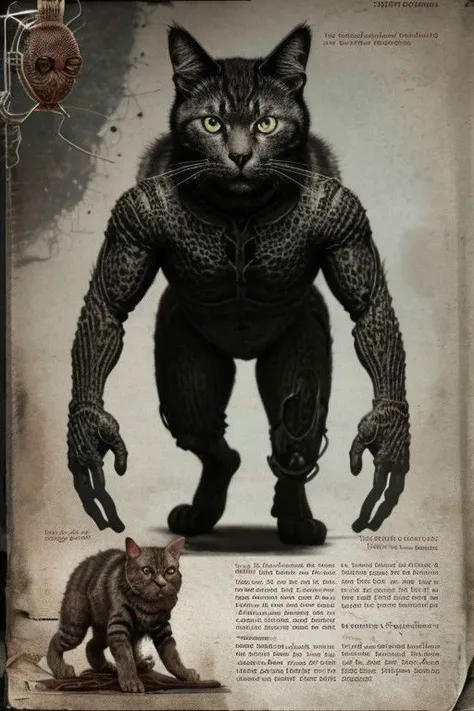 massive cat made of yarn with laser eyes and bionic implants strikes fear into the hearts of mankind cthulhumythosartbook, scorn, computer terminal