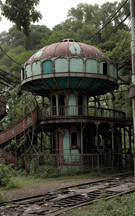 Rediscovering an Abandoned Amusement Park: Conjure an image of an abandoned amusement park reclaimed by nature, with overgrown vines entwining rusted rides and a hauntingly beautiful aura as twilight filters through the foliage.