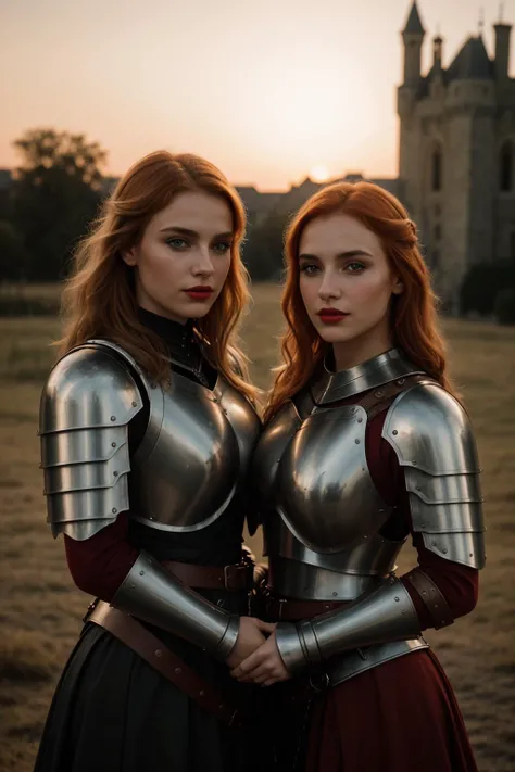 cinematic photo of 2women, blonde and redhead, holding battleaxes, (wearing medieval breastplates, mail armor), red lipstick, (winged eyeliner), outside gothic castle, 8k uhd, dslr, hard lighting, high quality, film grain, Fujifilm XT3, sunrise, epiCRealism  <lora:DetailedEyes_V3:0.9>