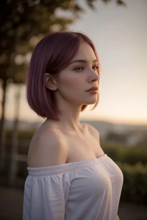 dakota skye with tiny tits and pink and purple short pixie hair naked in a grassy field, a-cup boobs, small boobs, flat chest, empty grassy field