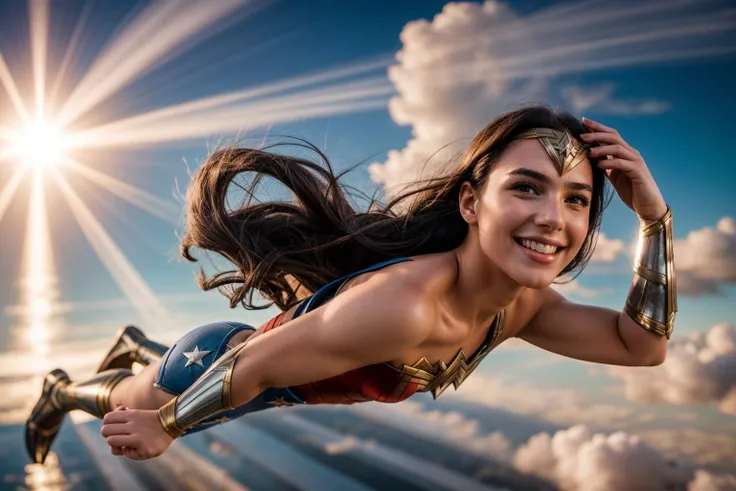DC movies,full body,photo of a 18 year old girl,wonder woman,diving from the sky,happy,laughing,ray tracing,detail shadow,shot on Fujifilm X-T4,85mm f1.2,sharp focus,depth of field,blurry background,bokeh,lens flare,motion blur,<lora:add_detail:1>,