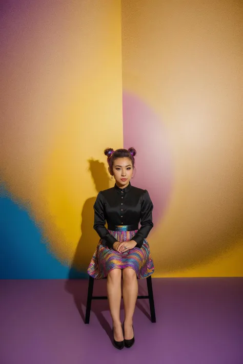 (abstract:1.5) photo of a woman, with (colorful:1.4) Space Buns hair, wearing formal wear, full body, high key, from above, shot on Sony A7111, no filter, in the style of Garry Winograd