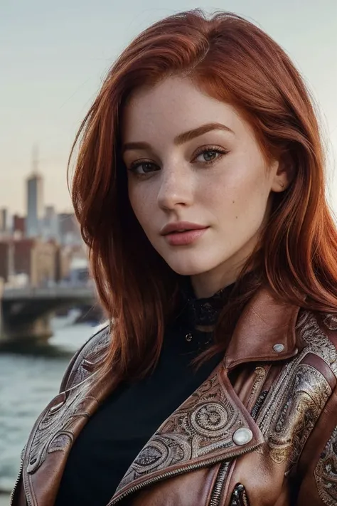 headshot of S218_AurelieDuPont,a gorgeous woman,in a (city:1.1),wearing a (patterned leather-jacket:1.1),(cityscape),(8k, RAW photo, best quality, depth of field, ultra high res:1.2),(absurdres, intricate, photorealistic, masterpiece, ultra-detailed:1.3),