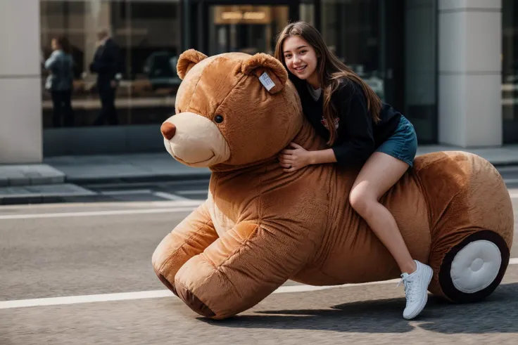 full body,photo of a 18 year old girl,riding on a oversized teddy bear,running,happy,looking at viewer,ray tracing,detail shadow,shot on Fujifilm X-T4,85mm f1.2,sharp focus,depth of field,blurry background,bokeh,lens flare,motion blur,<lora:add_detail:1>,