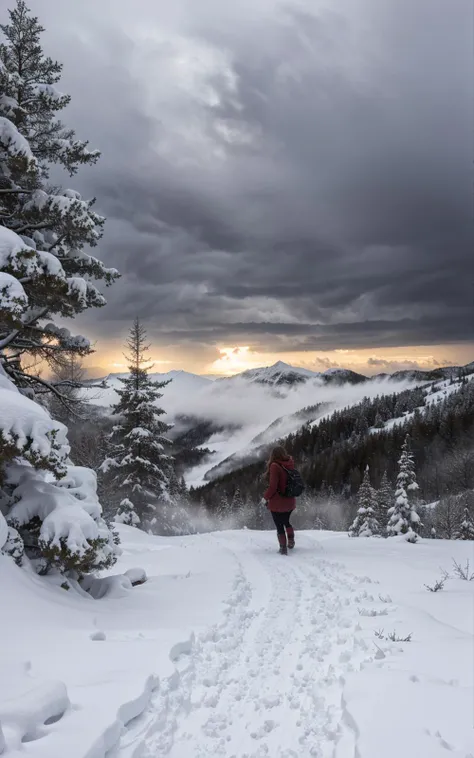 beautiful naked, full body, walking through the snow on the mountain hills