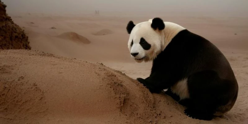 masterpiece, extremely high detail digital RAW color animated illustration of panda through a desert,((((beautiful face)))), wearing a glasses, and the air is thick with tension, art by Dragon Inn-18500