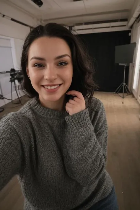 30yo Brunnete woman in an empty photography studio . Straight slick back long black hair. NIght time. Dark.
wearing a long cute pink Sweater, grey baggy pants. Smiling.
Style in the form of Selfie from the front face camera. POV.