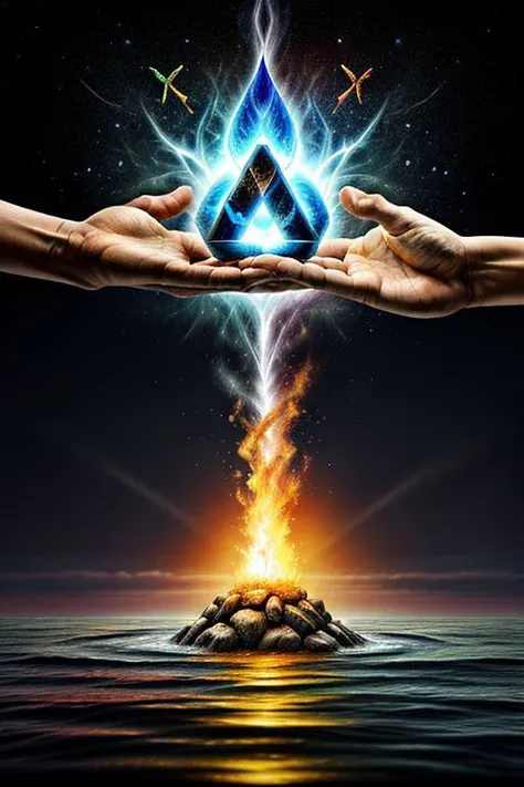 Generate a detailed narrative exploring the seamless integration and harmony of the four elements - earth, water, air, and fire - unified in perfect balance within a single entity, showcasing the essence of optimal quality and coexistence among contrasting forces in nature.