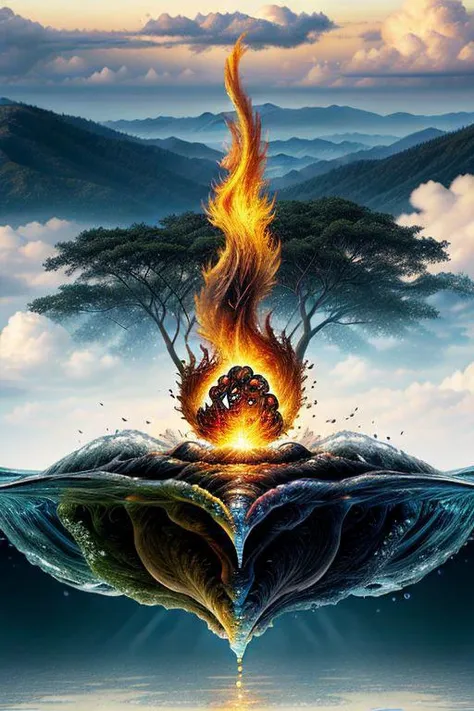 Generate a detailed narrative exploring the seamless integration and harmony of the four elements - earth, water, air, and fire - unified in perfect balance within a single entity, showcasing the essence of optimal quality and coexistence among contrasting forces in nature.