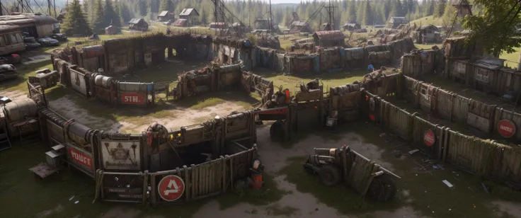 shot_from_high_above, small_trading-post_fenced-in_by_makeshift_wall, apocalyptic_wasteland junkyard, group_of_men, wall_made_from_random_junk surrounding unique_makeshifts_shacks, guard-posts <lora:Wasteland:.7>