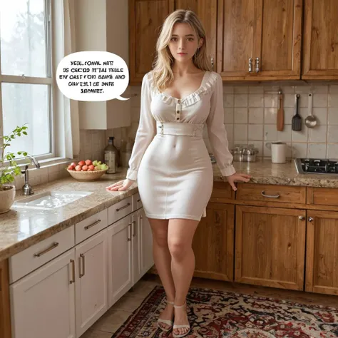 score_9, score_8_up, score_7_up, BREAK, (soft lighting), (night:1.4), (indoors), (full body:1.3), (1girl:1.4), (solo:1.4), (detailed kitchen:1.4), (1girl:1.4, (1girl is Australian:1.4), (1girl is 24 years old:1.4), (1girl is 5' 7" tall:1.4), blonde hair, long hair, hair down), (1girl has brown eyes:1.3), (large thighs:1.2, thick thighs), (large hips:1.2, wide hips), (large ass:1.1), (32G breasts:1.4), (short dress, long sleeves, tight dress, see-through), (âA female character in a vibrant scene speaking with a clear speech bubble that contains the text âHello, how are you today?â in a readable fontâ:1.3), (âensure the text is legibleâ:1.3)
