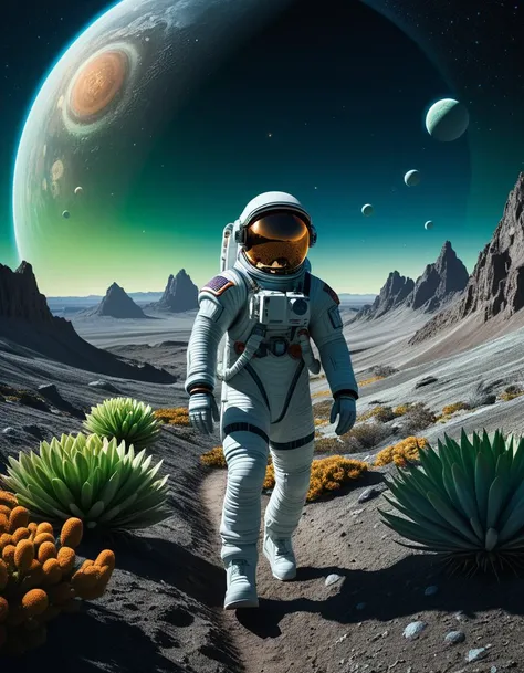Wide angle digital illustration, (Astronaut in a futuristic spacesuit:1.3), Central composition, Metallic gray suit, Reflective helmet, Advanced gadgets, (Walking on rugged alien terrain:1.2), Small hills and winding paths, (Gigantic extraterrestrial plants:1.3), Translucent bioluminescent stems, Large mushroom-like caps, (Glowing blue and green hues:1.2), Luminous filaments, Distant celestial background, (Immense Jupiter-like planet:1.3), Beige-orange cloud bands, Illuminated by distant sunlight, (Small moon hovering nearby:1.2), Deep blue starry sky, Subtle golden glow, Soft bluish-green lighting, Dreamlike extraterrestrial ambiance.Masterpiece,best quality,hi res,8k,hi res,8k,award winning,(sharp focus, intricate, highly detailed),