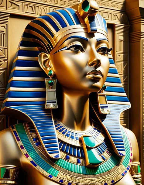 score_9, score_8_up, score_7_up,Close-up photorealistic rendering, (Golden bust of Egyptian queen:1.3), Symmetrical composition, Ornate headdress, Large emerald centerpiece, Jeweled adornments, (Pendants and traditional motifs:1.2), Regal necklace, Intricate gold patterns, Precious stones, (Serene royal expression:1.2), Finely sculpted features, Almond-shaped eyes, Defined lips, (Museum gallery background:1.2), Egyptian statues, Bas-reliefs, Soft museum lighting, Highlighting golden details, Magnificent shadows,amazing quality, ultra realistic, 3D, HD, best quality, amazing quality, very aesthetic, absurdres