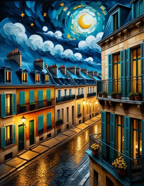 Wide angle oil painting in the style of Vincent van Gogh, (View from window of Parisian motel:1.3), Asymmetrical composition, Ornate iron window frame, (Night sky filled with stars:1.2), Swirling clouds, Illuminated city rooftops, Distant glowing street lamps, (Lively Paris streets below:1.2), Cobbled pathways, Flickering lanterns, Silhouetted figures, (Pale moonlight casting soft shadows:1.3), Dynamic brush strokes, Bold vibrant hues, Deep textures.Masterpiece,best quality,hi res,8k,hi res,8k,award winning,(sharp focus, intricate, highly detailed),