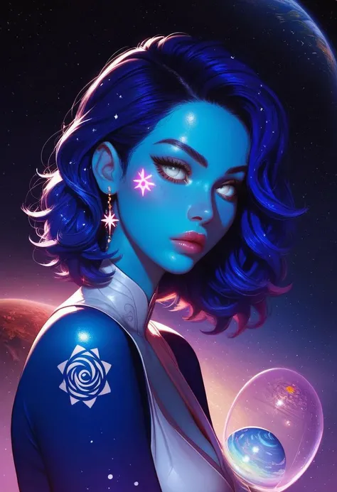 score_9, score_8_up, score_7_up, score_6_up, score_5_up, score_4_up, adult 25+,1 girl,( blue skin:1.1), solo, pretty girl, girl deity, in space, galaxy, ( girl holding small planet earth:1.5), planet glowing,( girl looking at hands:1.1), the girl's look down, hands near face, elbows bent, side view, super detail, space style,( big white eyes:1.1),( long blue-space hair:1.1), stars in hair, serious emotion, plump lips,( long fluffy white eyelashes:1.1), observant,( girl in blue-space clothes:1.1),( white tattoo on face:1.1),( white tattoo on arms and body:1.1), stars, dark lighting, space lighting, full body