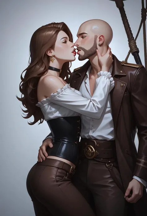 (score_9,score_8_up,score_7_up), Kay, ((couple, hetero, 1boy 1girl)), 30 year old, 1 woman, athletic body, shoulder length hair, straight hair, sleek hair, brown hair, brown eyes, plump pink lips, small breasts:1.3, straight nose, ((wearing silver earrings, black choker, Lipstick, white blouse, brown pants, leather corset)), (perfect face, perfect eyes, highly detailed, perfect anatomy, incredible attention to detail, masterpiece, 32K HD, volumetric shadows, absurdres, Expressiveh), (standing on a detailed pirate ship) dynamic pose, kiss a strong bearded bald man wearing a brown coat,