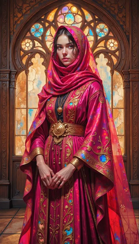 DB4RZ,DB4RZ style painting,a hand-drawn sketch and watercolor style,opalescent inlay,DIGITAL PAINTING,FLUORESCENT, GLOW, A young woman with lambent eyes and a diaphanous crimson hijab stands in the hallowed halls of an ancient edifice. The scene is suffused with a warm, ochroid light, filtering through arabesque windows, lending a numinous quality to the composition. Her countenance, framed by the hijab, conveys an enigmatic air of quietude. The elaborate ornamentation on her cerise gown, cinched at the waist with a gilded sash, hints at her noble lineage. The image evokes a sense of profound serenity and cultural opulence, transporting the viewer to a realm of ancient majesty.