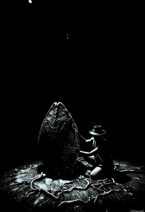 obra_dinn style, pixel art, monochrome, video game, a4nh8, ,Xenomorph egg is in the middle of a dark and damp cave. The egg is slightly open at the top. Indiana Jones sits on his knees in front of the egg, looking at the egg as if possessed, and taking his hands close to it. ,<lora:FLUX\indiana-jones-flux-a4nh8.safetensors:0.7000000000000001:0.7000000000000001> <lora:FLUX\Xenomorph_Egg_Flux.safetensors:1.0:1.0> <lora:FLUX\obra_dinn_v1.safetensors:1.0:1.0>