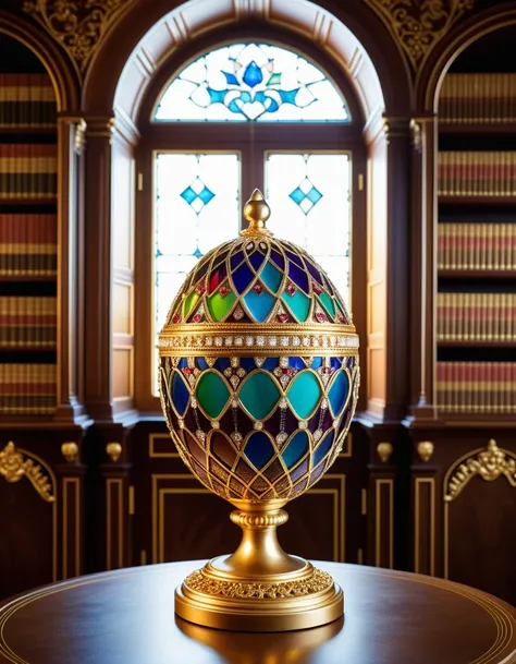 Digital illustration, a Fabergé egg displayed prominently in the library of a Russian tsar. This exquisitely crafted egg, adorned with precious gems and intricate gold filigree, stands on a pedestal surrounded by ornate bookshelves filled with leather-bound tomes. The library's architecture reflects opulent Tsarist Russia, with high ceilings, grand arches, and rich wood paneling. Soft light filters through a stained glass window, casting colorful patterns on the egg and illuminating its delicate craftsmanship. The setting is serene and majestic, encapsulating the luxurious and historical essence of the period, where art and literature meet in the heart of a tsar's private sanctum.Masterpiece,best quality,hi res,8k,hi res,8k,award winning,(sharp focus, intricate, highly detailed),extremely detailed