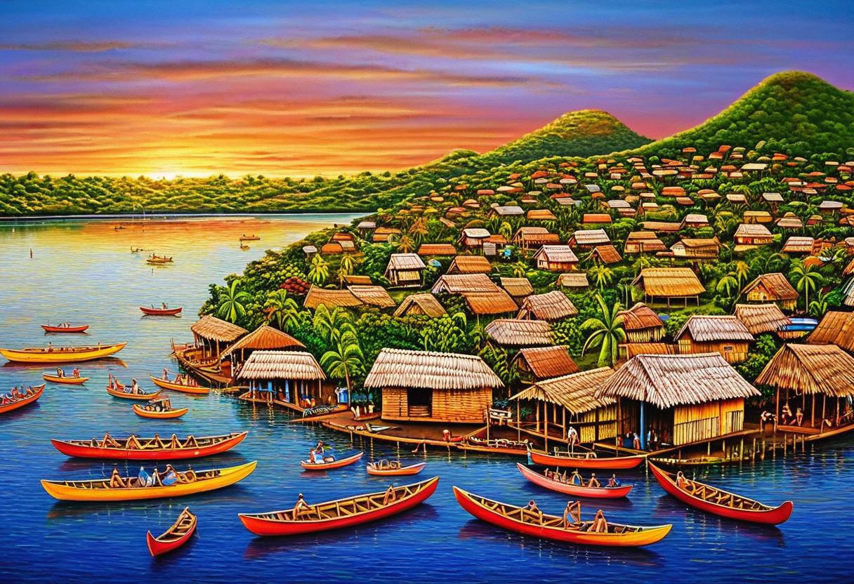 Painting of a village on a small island with boats in the water - SeaArt AI