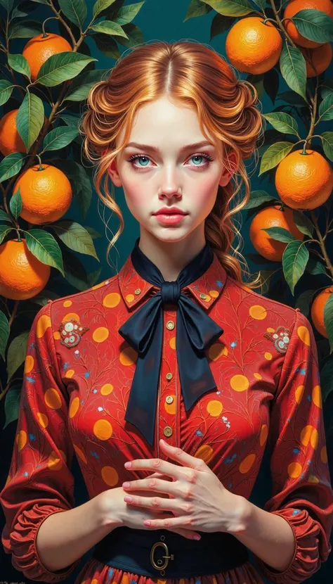 DB4RZ,DB4RZ style painting,a hand-drawn sketch and watercolor style,opalescent inlay,DIGITAL PAINTING,FLUORESCENT, GLOW, A portrait of a woman with alabaster skin and marigold hair, meticulously coiffed in the Gibson Girl style, set against a verdant backdrop of an orange grove. Her cerulean eyes, possessing a diaphanous quality, gaze directly at the viewer, framed by impeccably arched brows. The woman, clad in a scarlet blouse bedizened with niveous polka dots, exudes an aura of serene confidence. A black cravat, tied in a neat bow, accentuates her swanlike neck. The meticulous detail and saturated hues impart a hyperrealistic quality to the portrait, emphasizing the woman's enigmatic presence amidst the bountiful citrus fruits. A soft chiaroscuro lighting illuminates the subject, drawing attention to her flawless complexion and the subtle play of light on the glossy leaves of the orange trees. The background, rendered with equal detail, depicts a lush grove, laden with plump oranges, suggesting a setting of idyllic abundance. The woman's hands, clasped before her, are the only element lacking definition, inviting the viewer to imagine her inner thoughts and emotions.