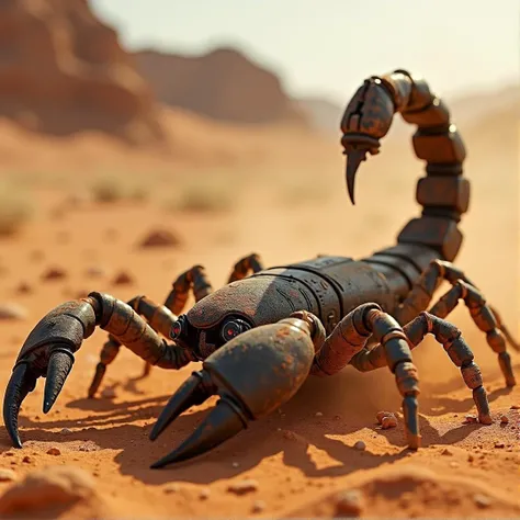 A close-up image of a robotic scorpion in a blazing hot desert, featuring a dusty metallic exoskeleton, giant hydraulic pincers, and a lethal pointy tail. The scorpion's body reflects the harsh sunlight, with dust swirling in the air, and its sharp, mechanical movements echo across the barren, scorched landscape.