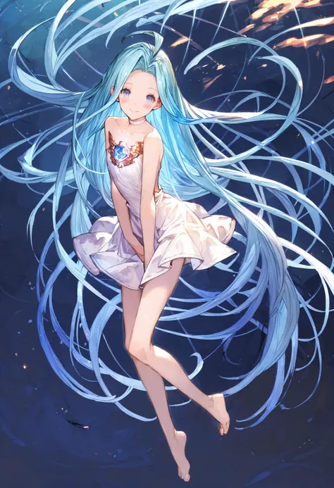 score_9, score_8_up, score_7_up,score_6_up, source_anime, best quality, aesthetic, absurdres,
1girl, solo, smile, blush, (clear eyes:1.2), looking at viewer, full body,
Lyria (Granblue Fantasy), very long hair, blue hair, (body_slim, skinny:1.1), white choker, blue gem, white cami-dress, bare shoulders, strapless,  miniskirt, barefoot,
(clear eyes:1.1), <lora:Lyria-Pony:0.8> <lora:IshikePony:0.3>