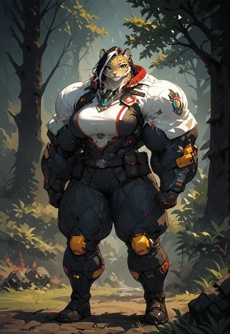 safe_pos, safe_pos, score_9, score_8_up, score_7_up, score_6_up, score_5_up, score_4_up, source_anime, anthro, solo, female, leopard, huge muscles, big breasts, green eyes, black hair, white highlights, fantasy, sci-fi, space cadet, jacket, long sleeves, shirts, pants, knee pads, high boots, gloves, earring, forest, hkfuture